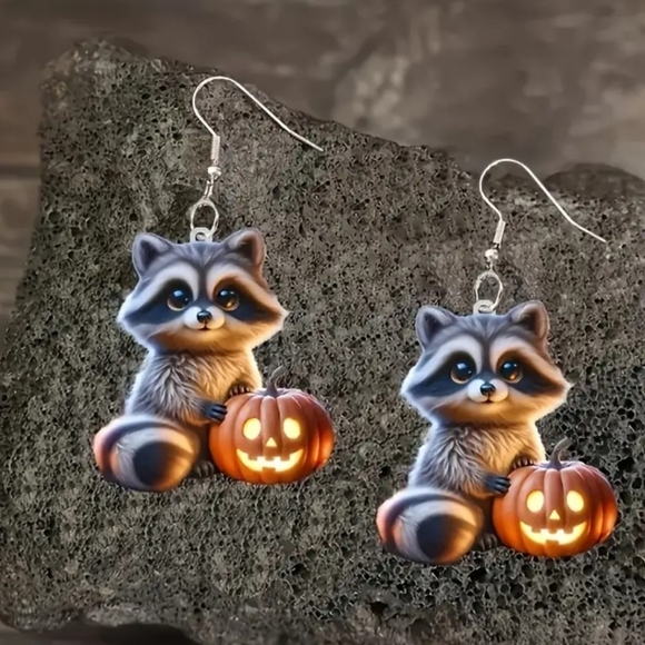 NEW Charming Raccoon and Pumpkin Acrylic Dangle Earrings - Picture 4 of 5